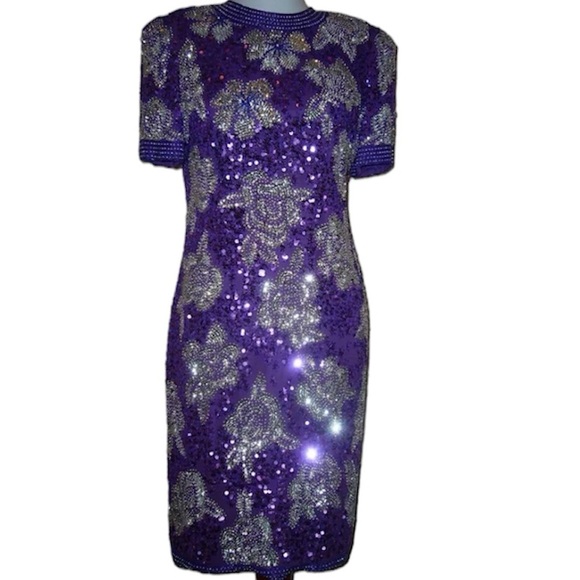 Vantage Joan Leslie slik sequins beaded evening dress size medium purple sliver - Picture 1 of 13